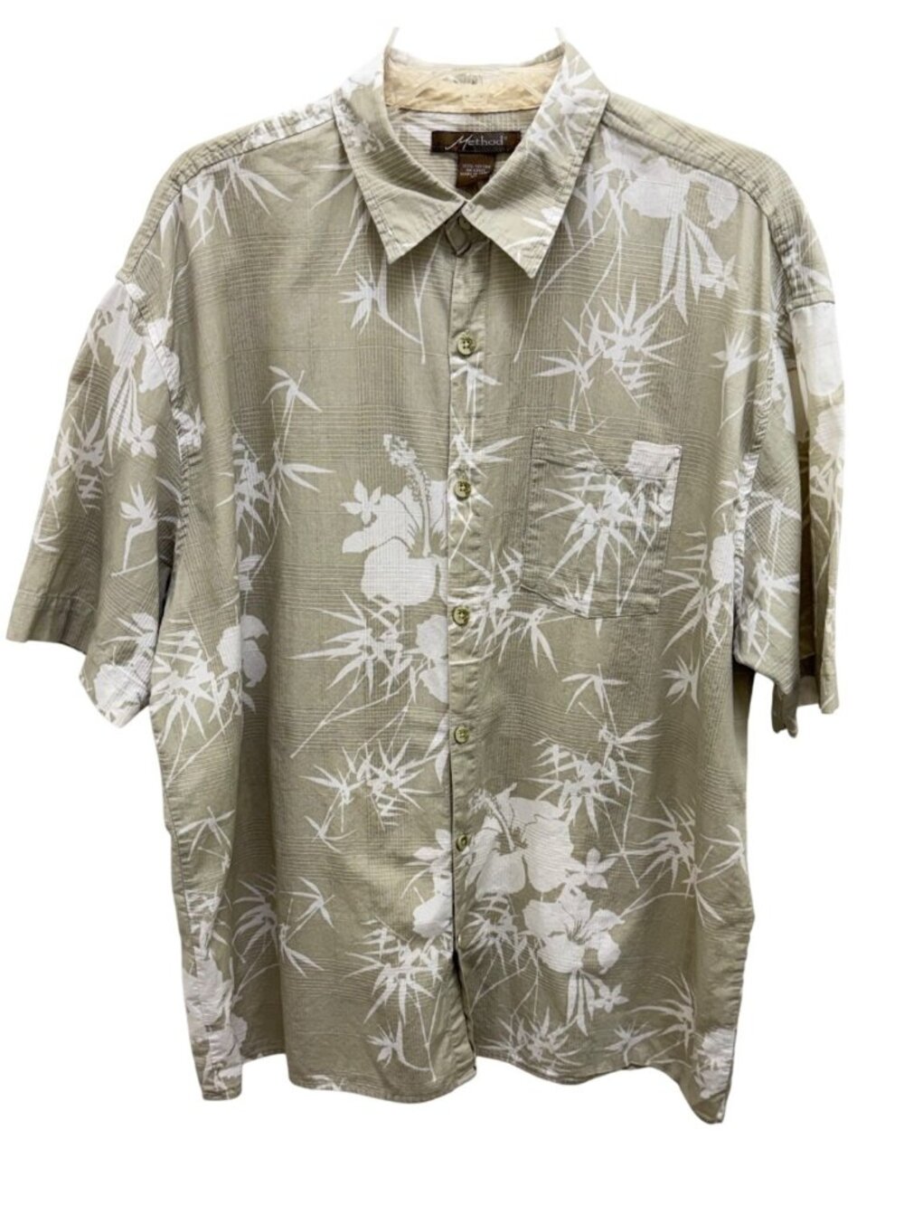 Method XL Cotton Tropical Bamboo Floral Shirt Beige White Casual Resort Style